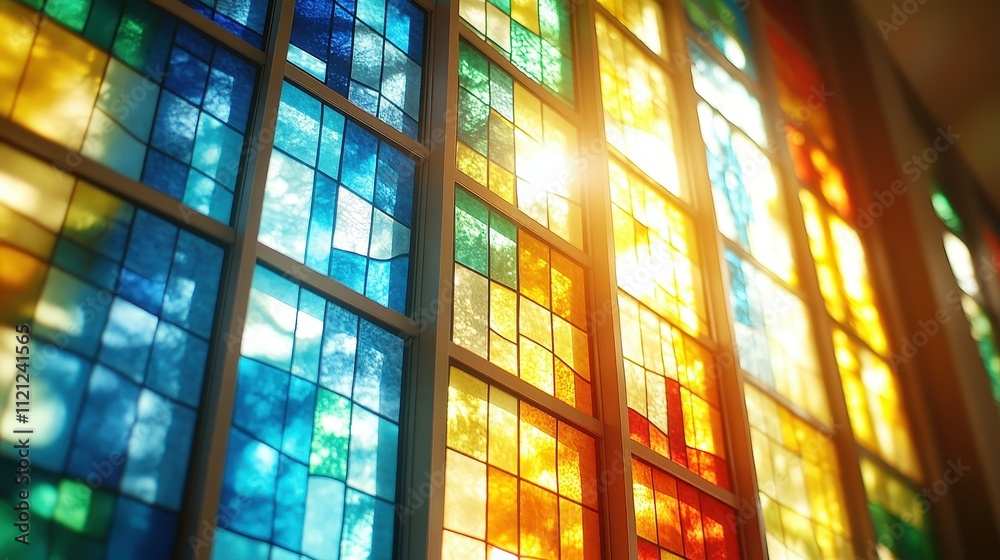 Bright, colorful stained glass windows fill the church with vibrant hues as sunlight streams through in the late afternoon, creating a serene atmosphere Bright, colorful stained glass windows fill the church with vibrant hues as sunlight streams through in the late afternoon, creating a serene atmosphere