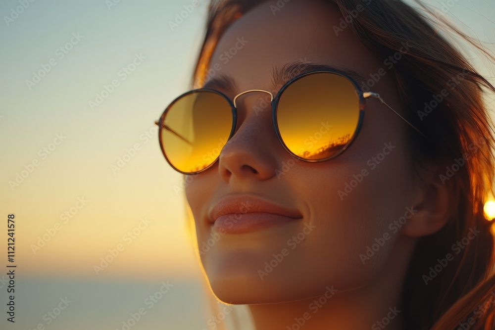 Woman enjoying sunset with reflective sunglasses at beach during golden hour Woman enjoying sunset with reflective sunglasses at beach during golden hour