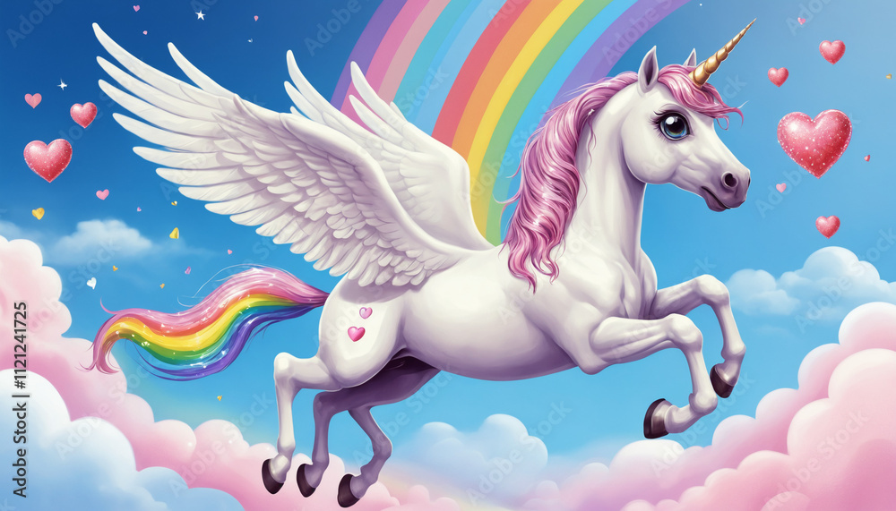 Beautiful unicorn with a glittering rainbow mane and angelic wings soaring across a fantasy sky filled with hearts and stars for dreamy artwork. Beautiful unicorn with a glittering rainbow mane and angelic wings soaring across a fantasy sky filled with hearts and stars for dreamy artwork.