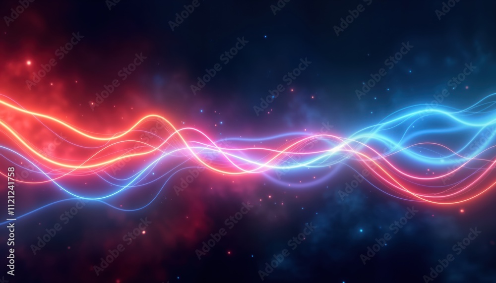 Obraz premium Abstract illustration with vibrant glowing lines. Neon light trails create dynamic waves. Futuristic background shows motion, energy. Colors include blue, red. Ideal for tech, digital, science