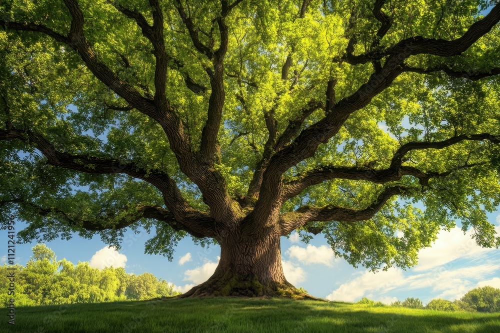 Majestic oak tree with sprawling branches under a bright blue sky in a peaceful landscape Majestic oak tree with sprawling branches under a bright blue sky in a peaceful landscape