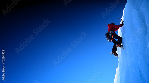 Ice Climber Scaling a Frozen Waterfall, Showcasing Extreme Adventure and Skill Amidst a Majestic and Icy Mountain Landscape