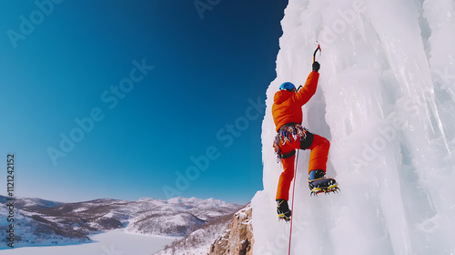 Ice Climber Scaling a Frozen Waterfall, Showcasing Extreme Adventure and Skill Amidst a Majestic and Icy Mountain Landscape