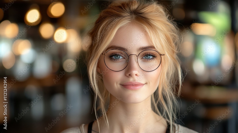 A young woman with blonde hair and glasses smiles at the camera inside a cozy cafe. The ambiance features soft lighting and a blurred background, creating an inviting atmosphere A young woman with blonde hair and glasses smiles at the camera inside a cozy cafe. The ambiance features soft lighting and a blurred background, creating an inviting atmosphere