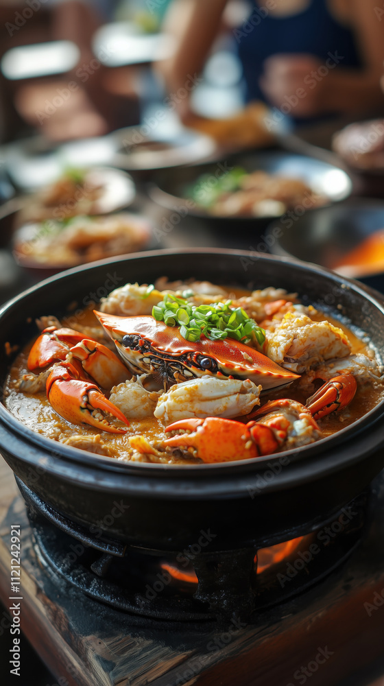 Delicious stir fried crab meat in yellow curry served in hot pot Delicious stir fried crab meat in yellow curry served in hot pot