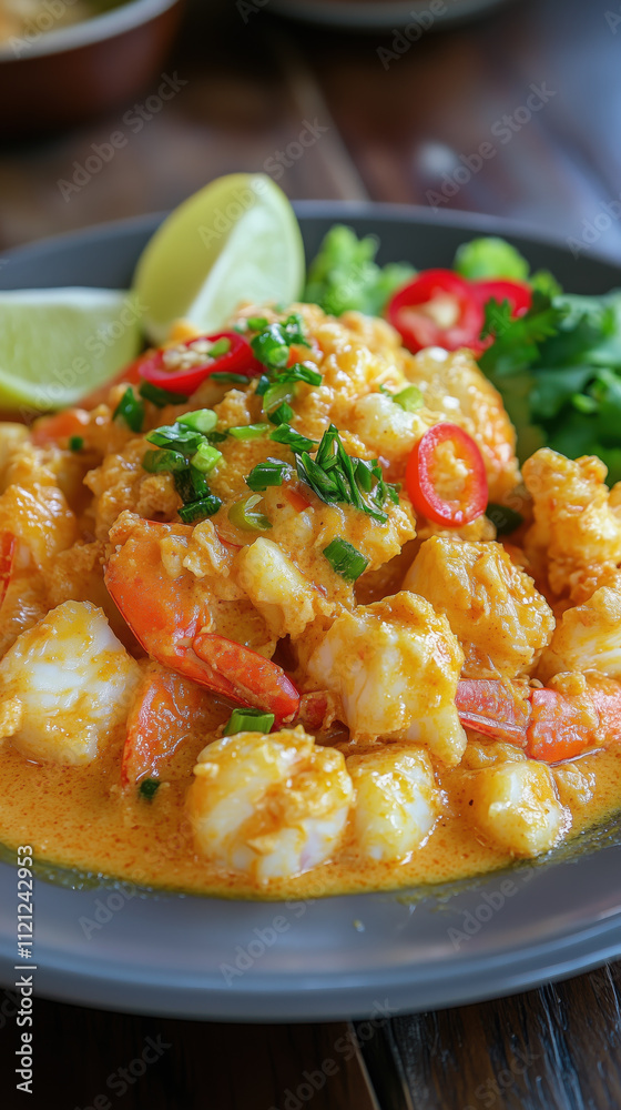 Delicious stir fried crab meat in yellow curry with fresh herbs Delicious stir fried crab meat in yellow curry with fresh herbs