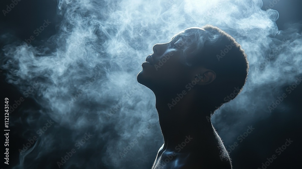 A person stands with their head tilted upwards, lost in thought as tendrils of smoke dance around them in a dimly lit environment. The interplay of light and shadow highlights their features A person stands with their head tilted upwards, lost in thought as tendrils of smoke dance around them in a dimly lit environment. The interplay of light and shadow highlights their features