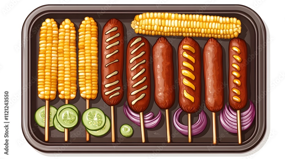 Grilled Sausage Skewers with Vegetables and Corn - Tasty Barbecue Food Grilled Sausage Skewers with Vegetables and Corn - Tasty Barbecue Food