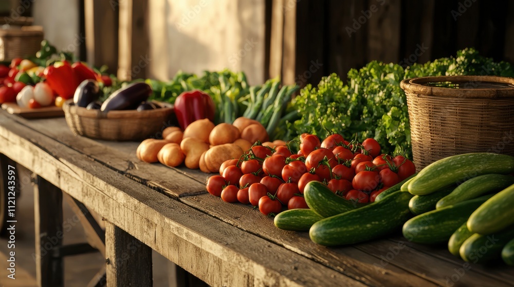 Farmers markets vegetables rustic charm. Fresh vegetables displayed on a rustic wooden table. Farmers markets vegetables rustic charm. Fresh vegetables displayed on a rustic wooden table.