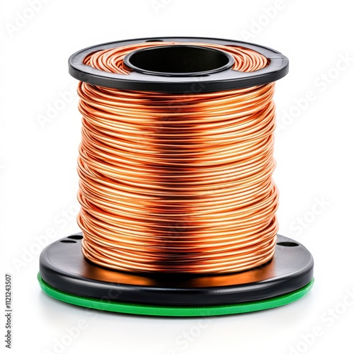 A close-up of a copper wire spool, showcasing its shiny texture and neatly wound coils, Ideal for use in projects related to electronics, DIY crafts, or wiring applications, photo