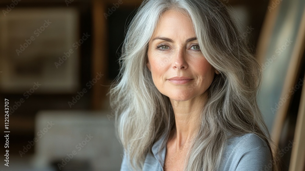 A graceful woman with long gray hair radiates warmth and confidence while seated in a sunlit indoor space filled with artistic elements. Her relaxed expression invites connection