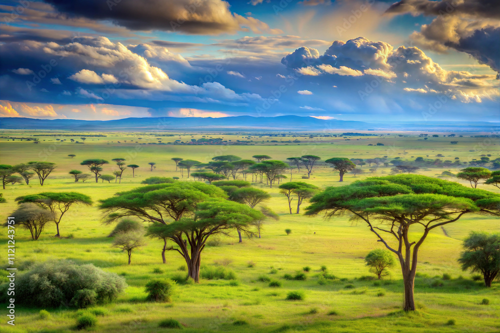 Expansive Savanna with Acacia Trees Under a Green Sky Expansive Savanna with Acacia Trees Under a Green Sky