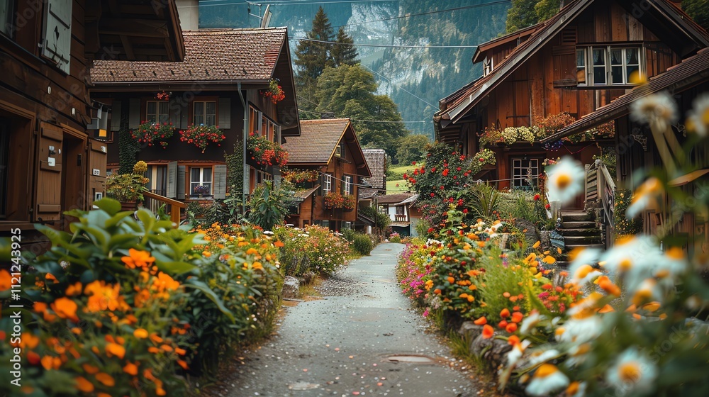 Charming alpine village street lined with colorful flowers and traditional wooden houses. Charming alpine village street lined with colorful flowers and traditional wooden houses.