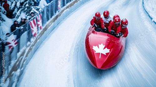 Bobsled Team Racing Down Icy Track at Winter Sports Event