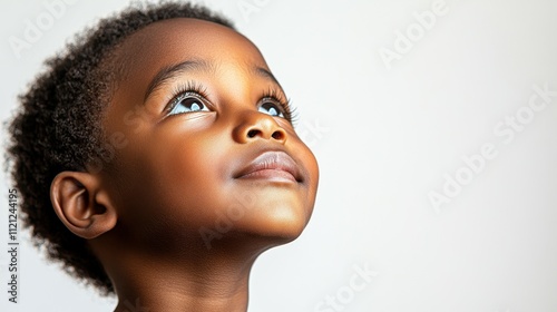A young boy looks up with curiosity and joy, his expressive eyes reflecting a sense of wonder and innocence. The background is bright and simple, emphasizing his features