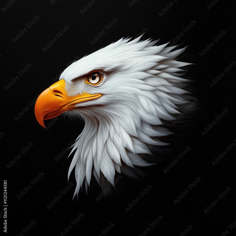 Majestic Eagle Head with Intricate Feather Details Against a Dark Background in Realistic Style Majestic Eagle Head with Intricate Feather Details Against a Dark Background in Realistic Style