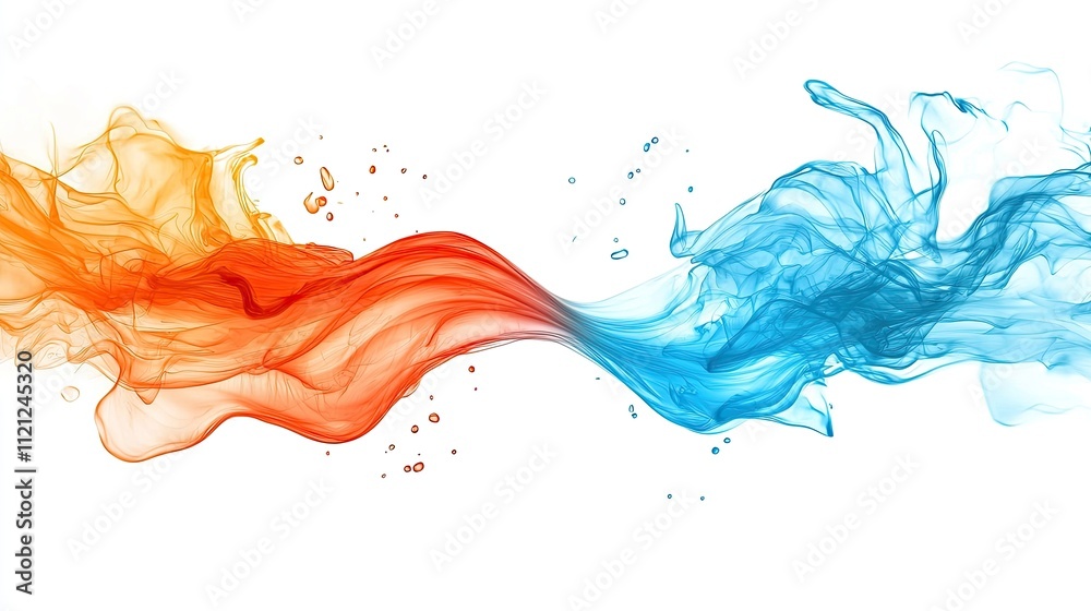 Fototapeta premium Vibrant Swirling Smoke Flow with Orange and Blue Colors isolated on White Background for Creative Design Projects
