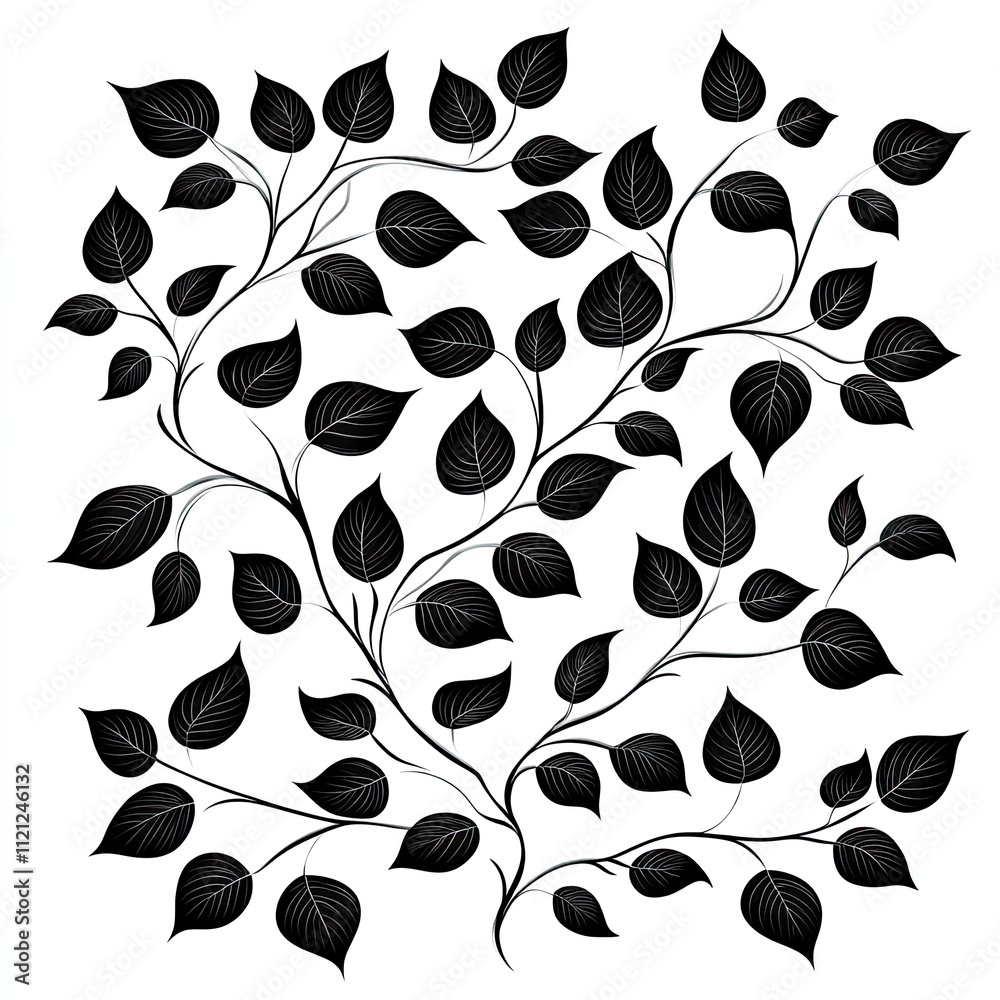 Fototapeta premium Elegant Black Leaf Pattern on White Background for Stylish Design, Wallpaper, Textiles, and Creative Projects