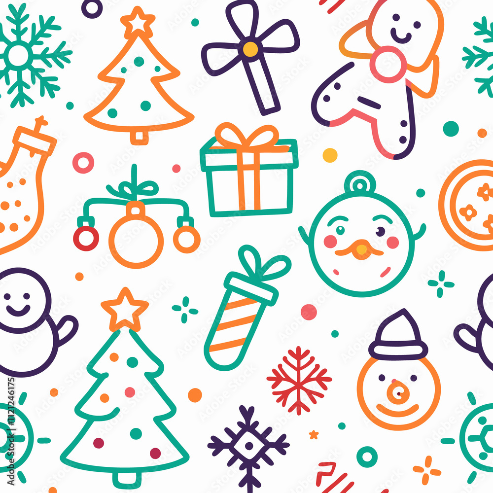Festive Christmas seamless pattern with hand-drawn icons of trees, snowmen, gifts, ornaments, and snowflakes on white background. Festive Christmas seamless pattern with hand-drawn icons of trees, snowmen, gifts, ornaments, and snowflakes on white background.