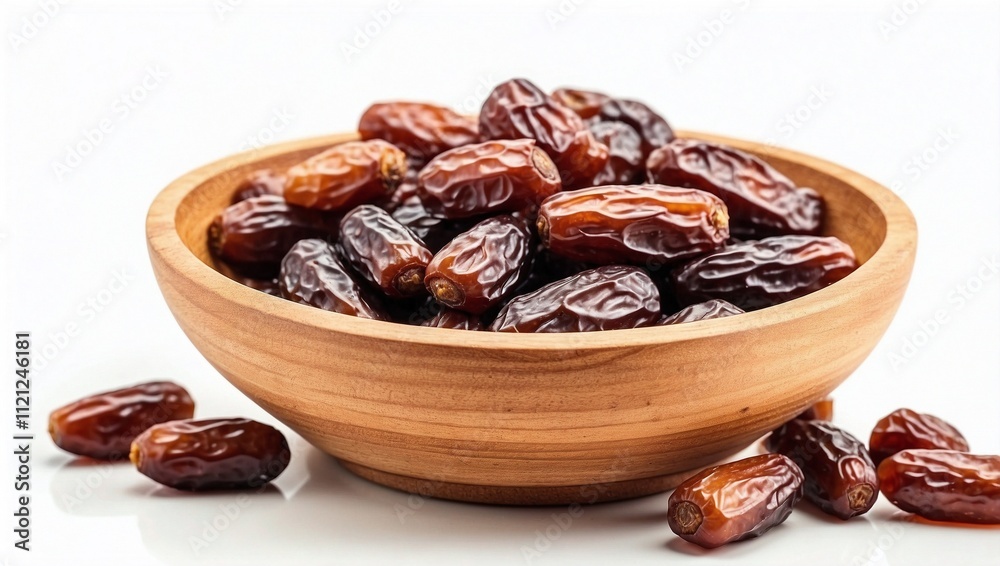 Tasty Dried Dates in Wooden Dish on white background Tasty Dried Dates in Wooden Dish on white background