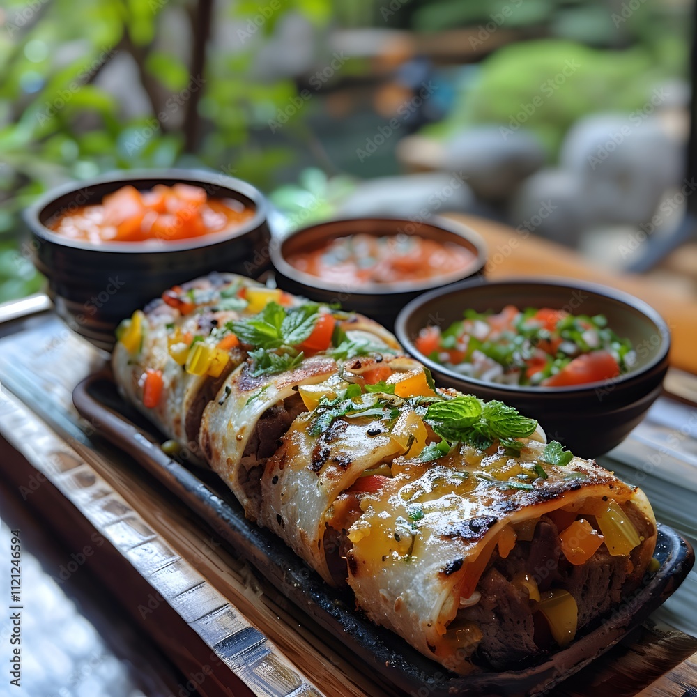 Savory lamb pratha roll served with a side of mint chutney on a rustic wooden table with a peaceful Asian garden in the background captured with a shallow depth of field to emphasize the texture Savory lamb pratha roll served with a side of mint chutney on a rustic wooden table with a peaceful Asian garden in the background captured with a shallow depth of field to emphasize the texture