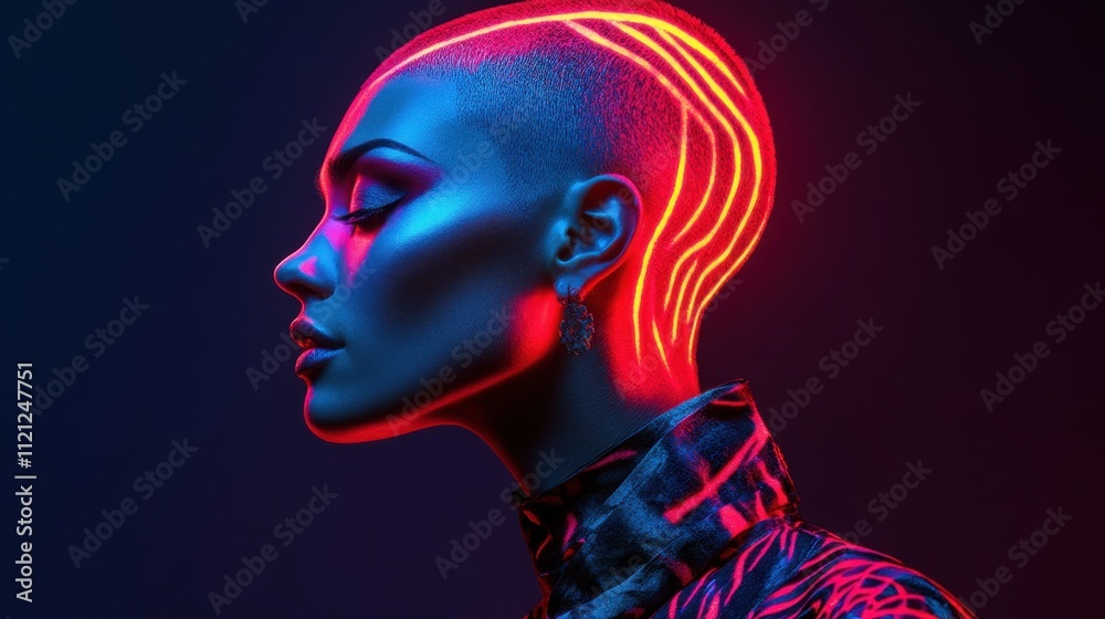 Futuristic portrait of a woman with vibrant neon lights illuminating her unique hairstyle and profile Futuristic portrait of a woman with vibrant neon lights illuminating her unique hairstyle and profile