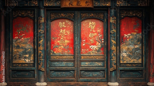 Ornate wooden door with intricate carvings and vibrant colors in traditional style
