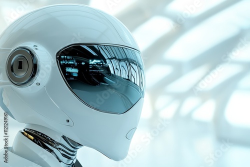 Futuristic robot head with sleek design and advanced visor in modern architectural space photo