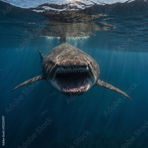 A basking shark feeding on plankton near the ocean's surface. photo