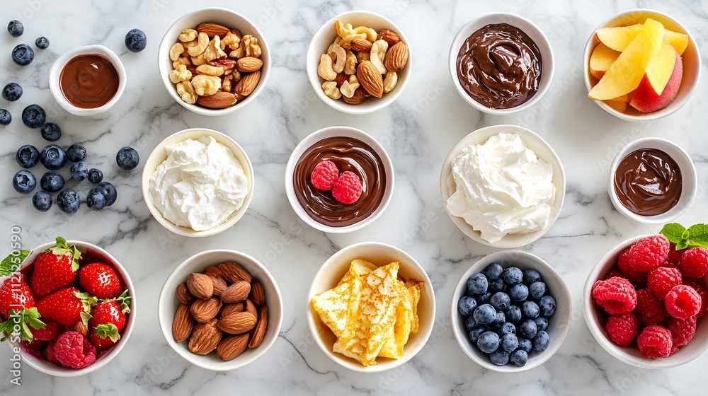 Assorted Fruits and Nuts with Dips on Marble Tabletop Assorted Fruits and Nuts with Dips on Marble Tabletop