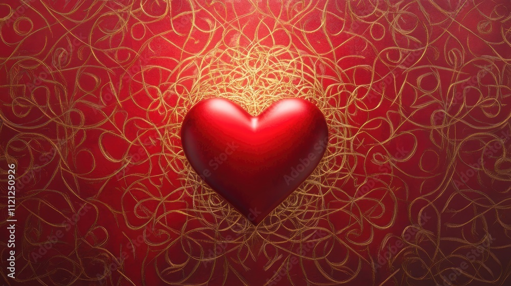 Elegant Heart Design with Red Background and Intricate Gold Swirl Patterns for Romantic Themes or Celebrations