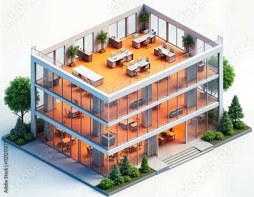 Modern three-story office building with glass windows, balcony. Interior design shows spaciousness, contemporary style. Open-plan office layout features desks, chairs, plants. Building equipped with