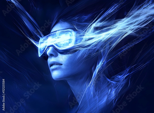 Woman in futuristic goggles, engulfed in blue energy streams.