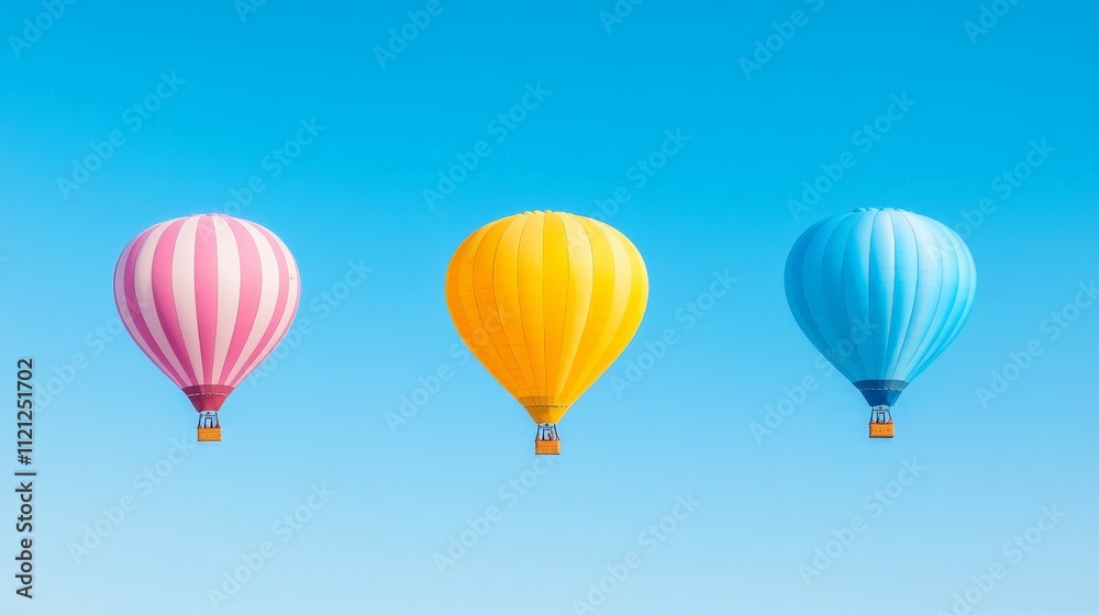 Hot Air Balloons in Flight: Three vibrant hot air balloons—pink, yellow, and blue—drift serenely against a clear azure sky, symbolizing adventure, freedom, and travel. Hot Air Balloons in Flight: Three vibrant hot air balloons—pink, yellow, and blue—drift serenely against a clear azure sky, symbolizing adventure, freedom, and travel.