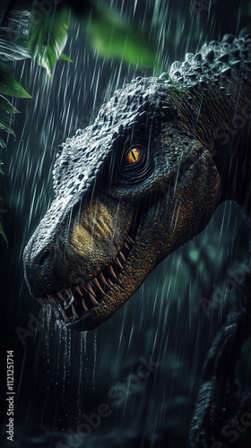 Phone wallpaper: T-Rex head in heavy rain in dark jungle.