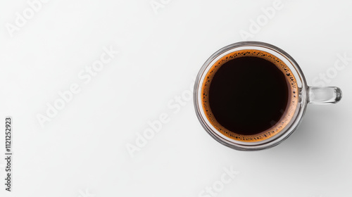 clear glass mug filled with dark coffee on white background