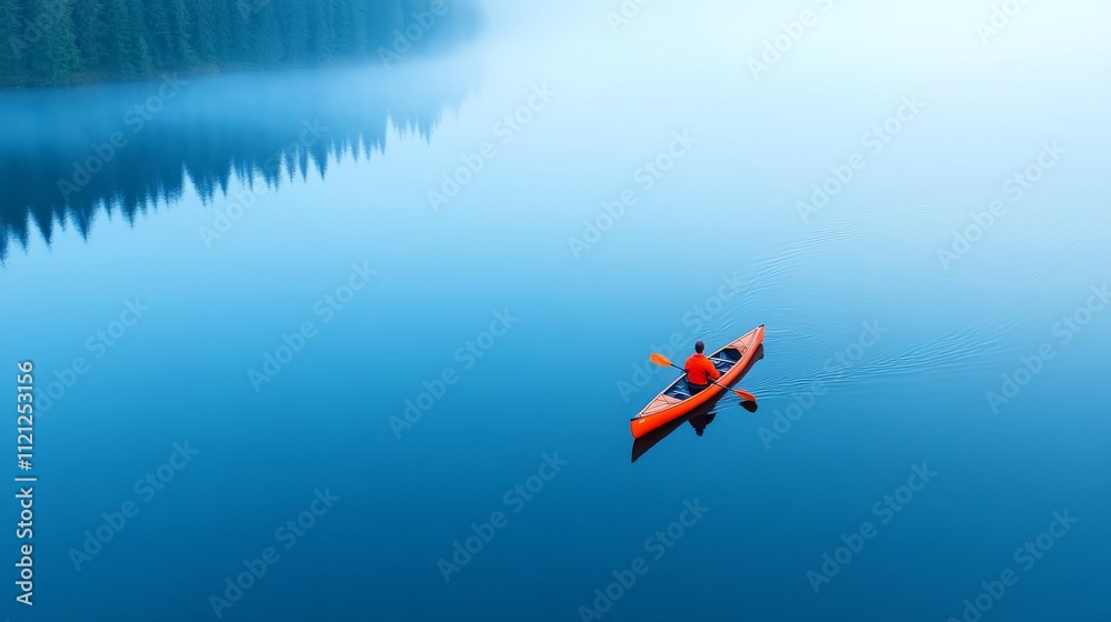 Solitude on Calm Water: A lone kayaker glides serenely across a tranquil lake, mirrored by the mist-shrouded forest in a breathtaking display of nature's peace. Solitude on Calm Water: A lone kayaker glides serenely across a tranquil lake, mirrored by the mist-shrouded forest in a breathtaking display of nature's peace.