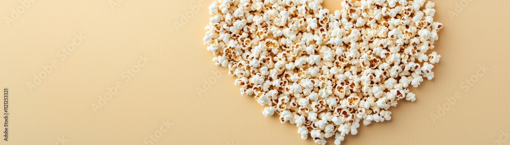 A heart-shaped arrangement of popcorn kernels on a beige background, symbolizing love and enjoyment of snacks. A heart-shaped arrangement of popcorn kernels on a beige background, symbolizing love and enjoyment of snacks.