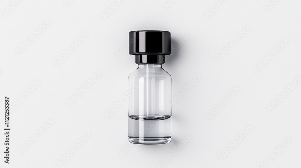 Clear glass vial with a black cap, containing liquid.