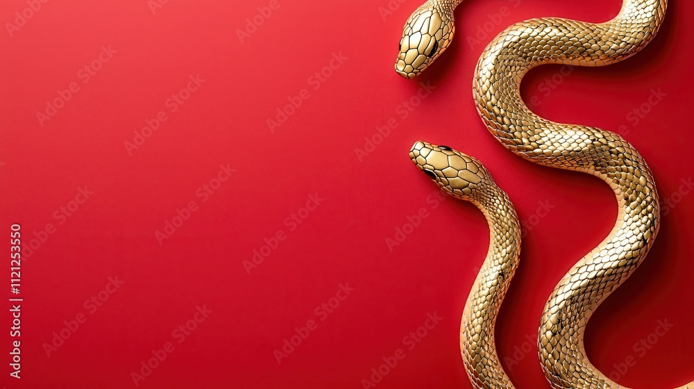A golden snake gracefully curves against a vibrant red background, emphasizing elegance and luxury.