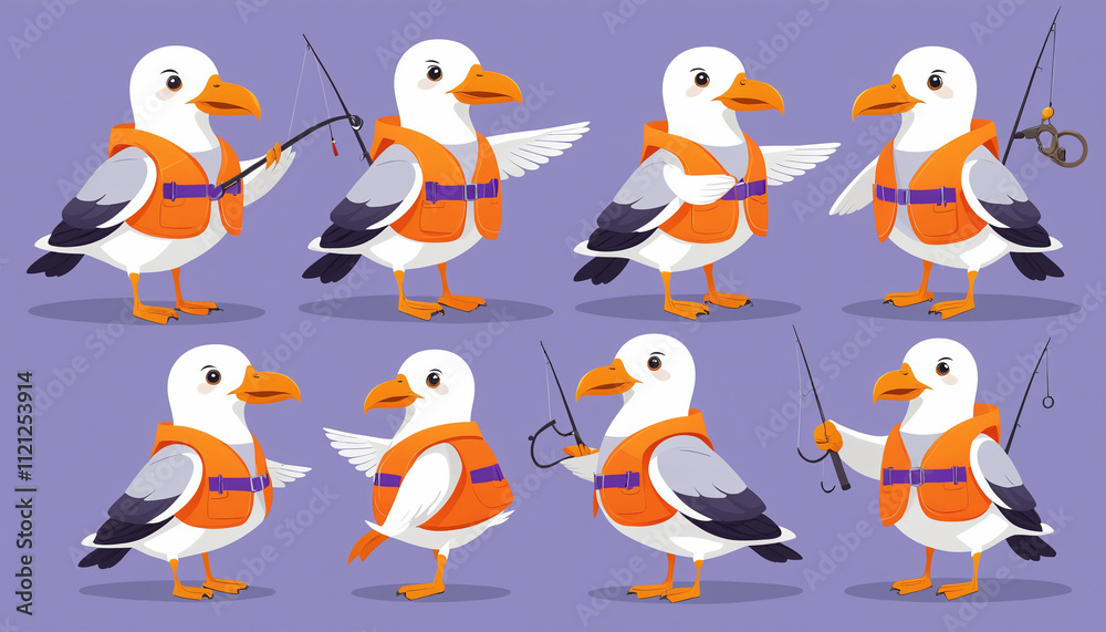 Creative pattern of puffins in unique poses on a purple background, showcasing playful and colorful designs for artistic and decorative purposes.