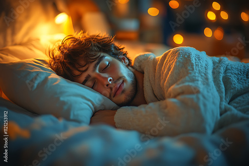 A peaceful European man sleeping comfortably in bed at home. Restful pose with hand under pillow, symbolizing health and quality sleep