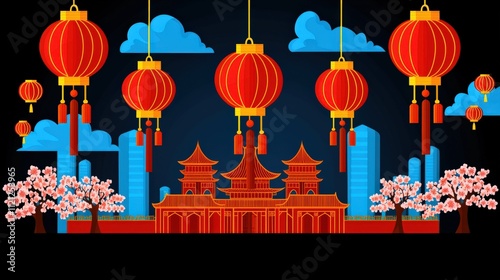 Chinese New Year Festival Celebration in Vibrant Cityscape with Lanterns and Cherry Blossoms Traditional Cultural Experience
