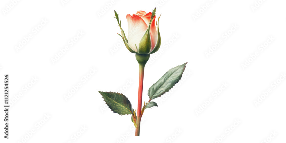 Obraz premium Red and white rose bud with green leaves isolated on transparent background