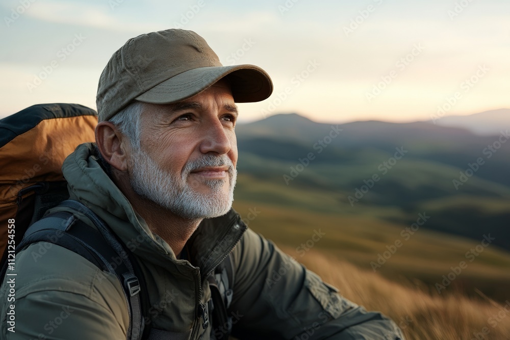 Man enjoys serene mountain view during late afternoon hike in tranquil landscape Man enjoys serene mountain view during late afternoon hike in tranquil landscape