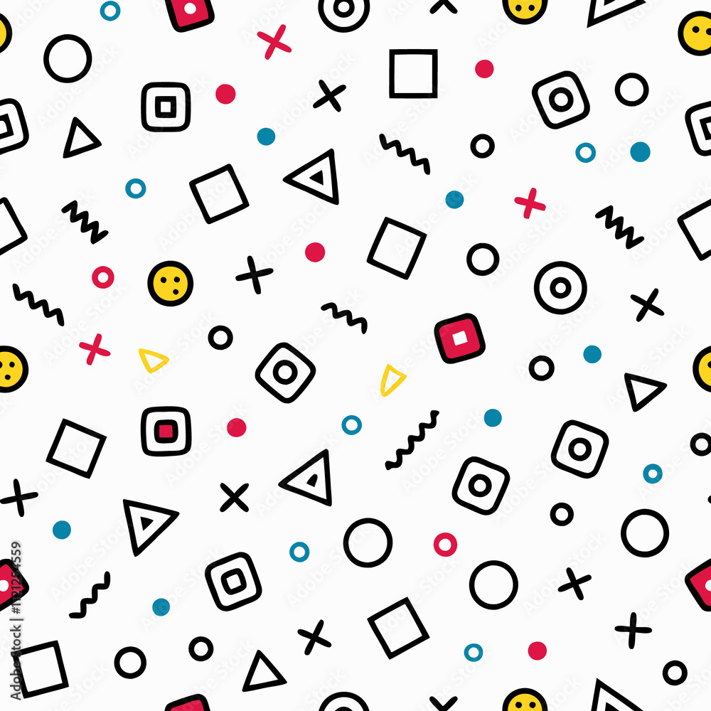 Seamless pattern with geometric shapes, smileys, and zigzags on white background. Seamless pattern with geometric shapes, smileys, and zigzags on white background.