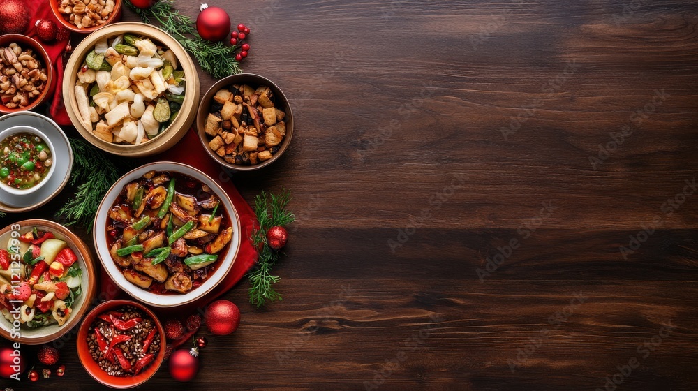A beautifully arranged festive spread of various dishes and garnishes, perfect for celebrating holidays or gatherings. A beautifully arranged festive spread of various dishes and garnishes, perfect for celebrating holidays or gatherings.