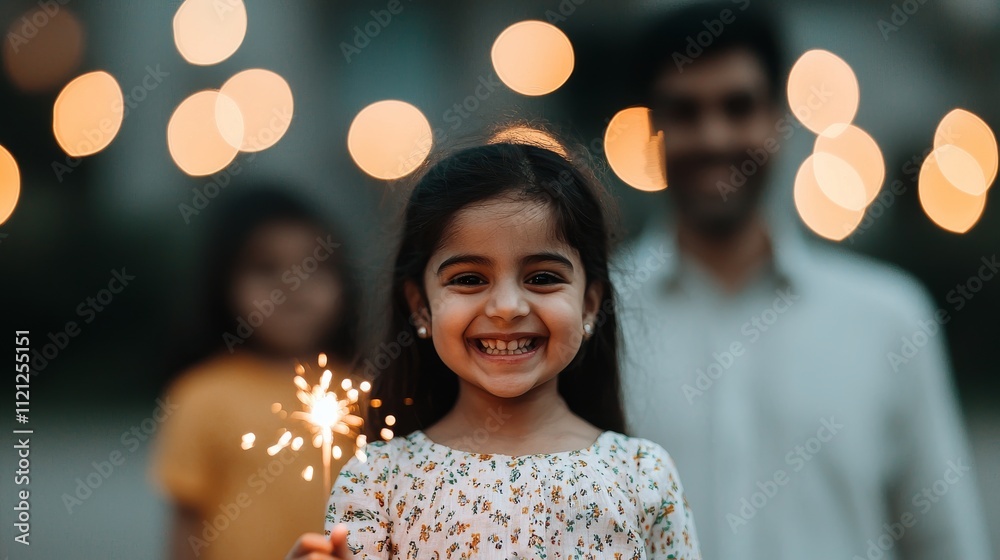 Fototapeta premium A joyful girl holds a sparkler, surrounded by soft glowing lights, with family members in the background, capturing a moment of celebration.