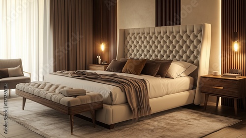 A chic modern bedroom featuring a plush bed with a tufted headboard, warm wooden accents, and soft lighting that creates a cozy and inviting atmosphere.