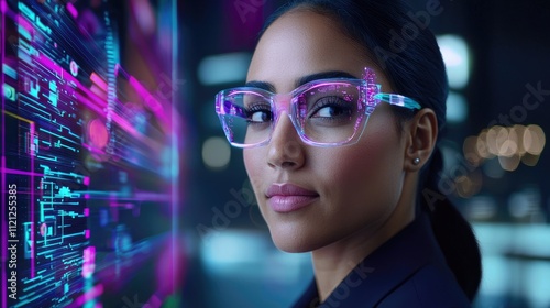 Futuristic Woman with Transparent Glasses Against a High-Tech Background Filled with Digital Elements and Neon Colors